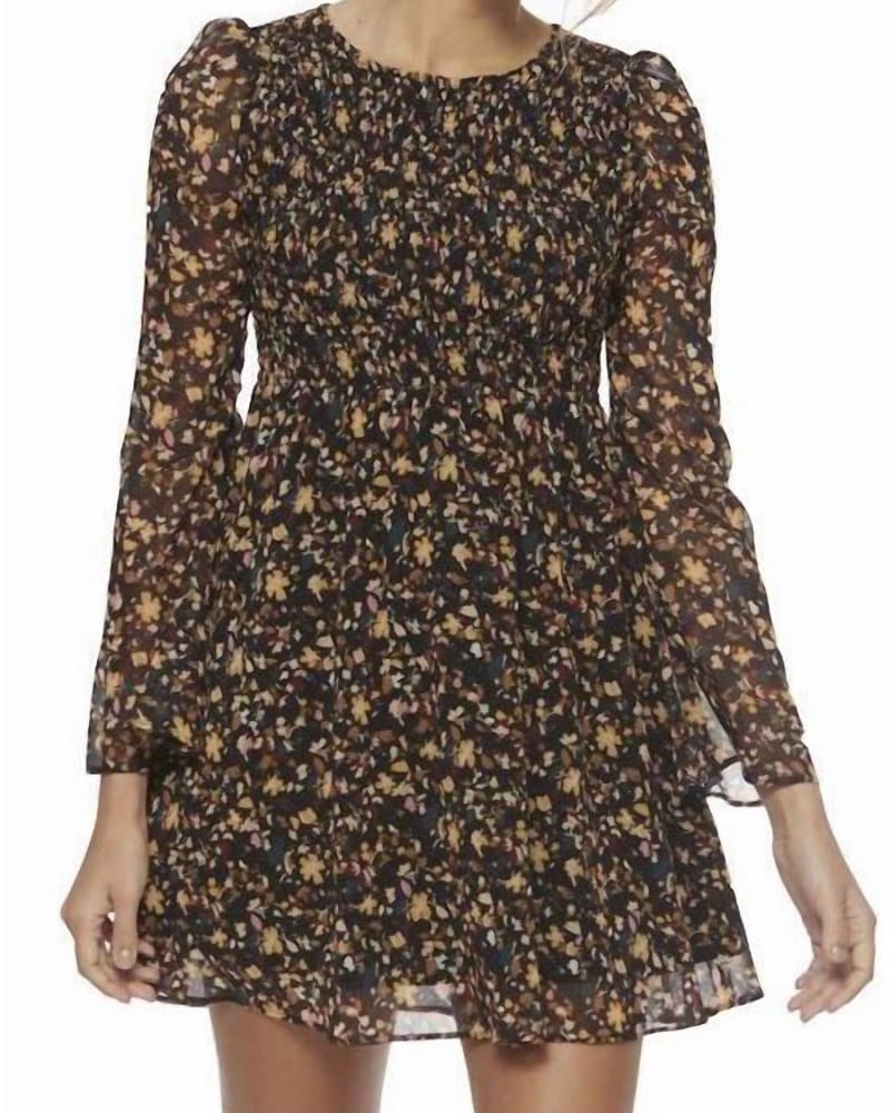 Front of a model wearing a size XXL Ellamore Ditsy Smock Dress In Black/Yellow in Black/Yellow by Flags & Anthem. | dia_product_style_image_id:346621